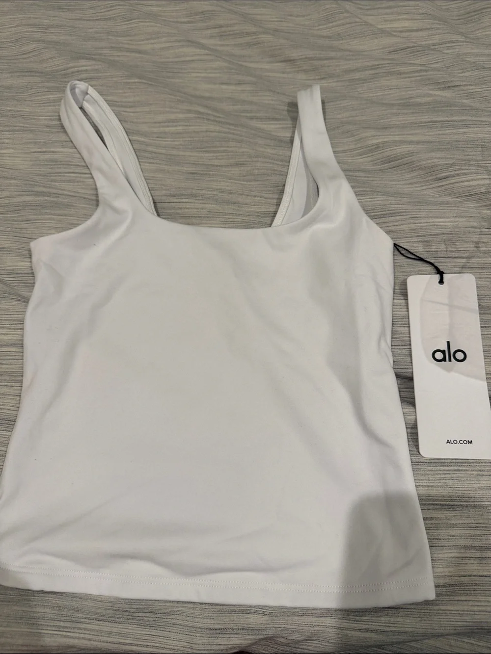 ALO Yoga White soft sculpt precision Scoop Tank with Center Logo on back